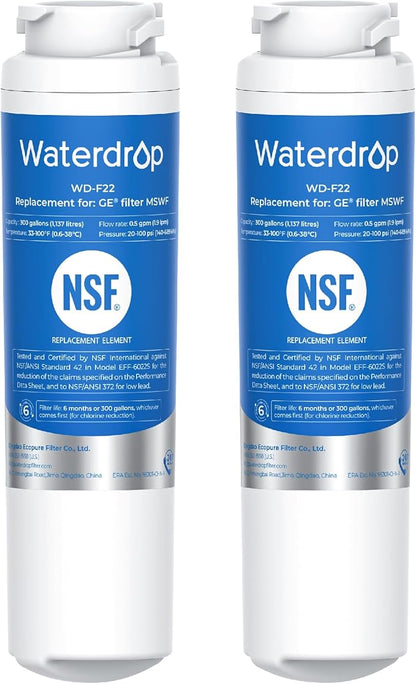Waterdrop MSWF Refrigerator Water Filter, Replacement for GE® MSWF, 101820A, 101821B, RWF1500A, NSF 42&372 Certified, Pack of 2 (Package May Vary)