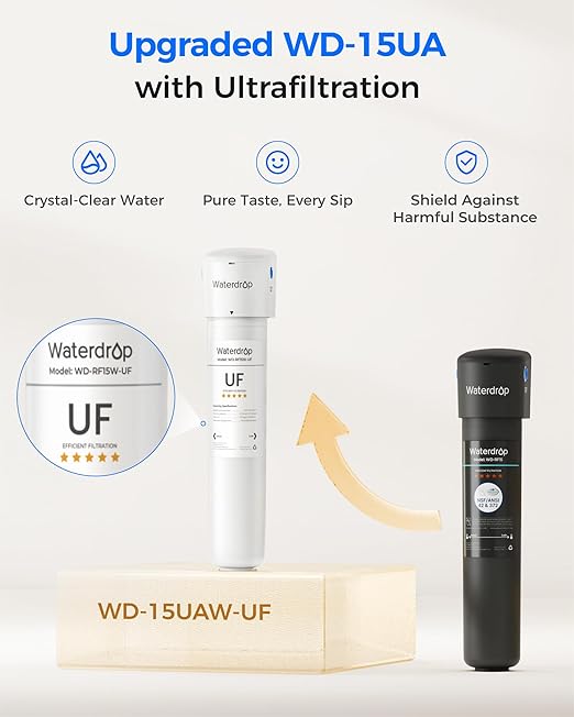 Waterdrop 15UAW-UF 0.01 μm Ultra Filtration Under Sink Water Filter System, 2 Years, Reduces Lead, Chlorine, Bad Taste & Odor, Direct Connect to Kitchen Faucet，No TDS Reduction