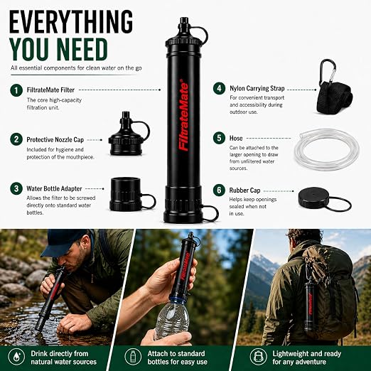 Original Defense® FiltrateMate Portable Water Filter Straw – High-Performance Nanofiber Filtration for Emergency Preparedness, Hiking, and Camping – Purifies up to 1,000 Liters