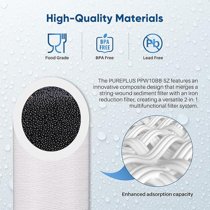 PUREPLUS 10"×4.5" String Wound Sediment Filter Compound With Iron Reducing Filter, Compatible With Whole House Water Filtration System For Well Water, 2 Pack