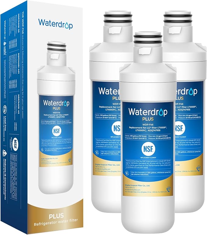 Waterdrop Plus LT1000PC ADQ747935 Refrigerator Water Filter, 3 Pack | NSF 401, Reduce PFAS, Replacement for LG® LT1000P®/PC/PCS, ADQ74793501, Kenmore® 46-9980, LFXC24796S, LSFXC2496D, LMXS28626S
