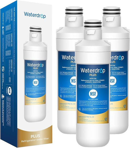 Waterdrop Plus LT1000PC ADQ747935 Refrigerator Water Filter, 3 Pack | NSF 401, Reduce PFAS, Replacement for LG® LT1000P®/PC/PCS, ADQ74793501, Kenmore® 46-9980, LFXC24796S, LSFXC2496D, LMXS28626S