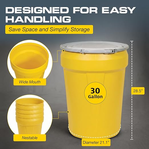 Eagle Plastic Drum, 30 Gallon Drum, DOT Compliant, Made in USA, Yellow | High-Density-Polyethylene Construction, Open Head Lab Pack Drum, Metal Lever-Lock Lid, Hazardous Material Storage, Transport