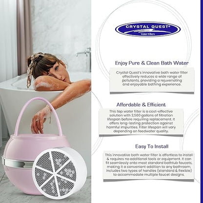 Crystal Quest Bath Ball Filter for Tub Faucet, Bathtub Water Filter, BPA-Free Bathtub Filter, Removes Chlorine, Lead & Impurities, Improves Skin, Hair & Nails, with Extra Cartridge - Pink