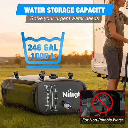 Nilight 246Gal/1000L Water Storage Bladder, RV Potable Water Bladder Tank Camping 1000D PVC Foldable Collapsible Storage Containers for Truck Bed Carrier Garden Irrigation Emergency Water Use, Black