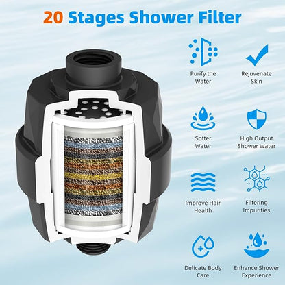 Hibbent Shower Filter for Hard Water, High Output Shower Head Filter to Remove Chlorine and Fluoride, 20 Stage Showerhead Filter with Vitamin C, Reduces Dry Itchy Skin, and Eczema, Matte Black
