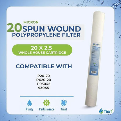 Tier1 20 Micron 20 x 2.5 Water Filter | Spun Wound Polypropylene Whole House Sediment Water Filter Cartridge | Replacement for Pentek P20-20, Purtrex PX20-20 | 2.5 x 20 Whole House Pre-Filter (6-Pack)