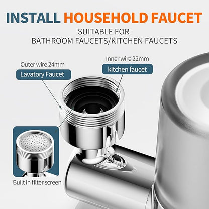 Splash-proof sink faucet extender aerator water filter, 720° rotatable faucet aerator, 2-mode spray, removes chlorine, taste, odor, suitable for kitchen/bathroom, 4 filter replacements