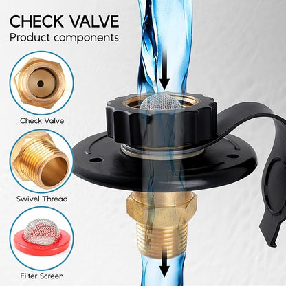 RV City Water Inlet With Check Valve - Lead-Free Brass 3/4 NH Female to 1/2 NPT Male Connection, Ideal RV Water Fill Replacement Flange