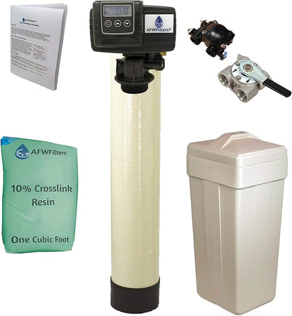 AFWFilters 1 Cubic Foot (32k) Whole Home Water Softener with Durable 10% Crosslink Resin, 3/4" Stainless Steel FNPT Connection, and Almond Tanks