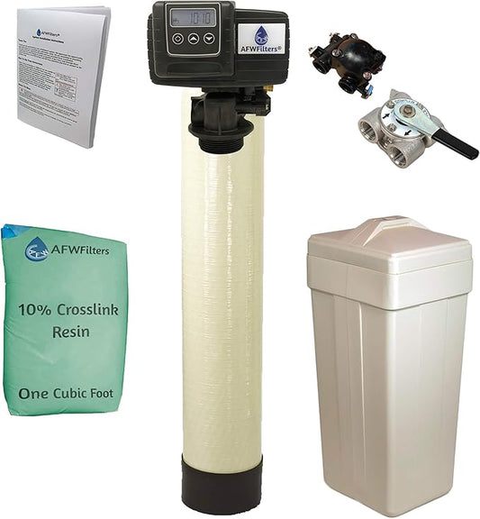 AFWFilters 1 Cubic Foot (32k) Whole Home Water Softener with Durable 10% Crosslink Resin, 3/4" Stainless Steel FNPT Connection, and Almond Tanks