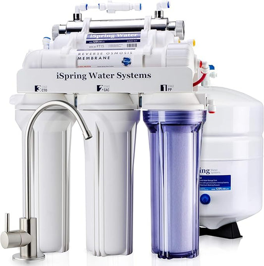 iSpring RCC7U, NSF/ANSI 58 Certified, 75GPD 6-Stage UV Reverse Osmosis Water Filter System, Reduces Asbestos, TDS, Chlorine, Barium, Lead, Enhances Water Taste, BPA Free, Filters Included