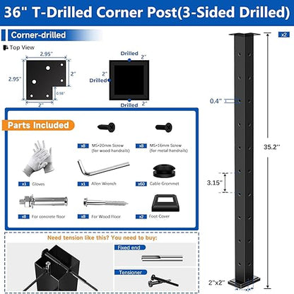 2 Pack 36" T304 T-drilled Cable Railing Corner Post(Post 35"x2"x2"), Modular Three Sides Wire Railing Post with Cable Grommets, Fixed Top Mount Stainless Steel Black Finish Deck Staircase Post