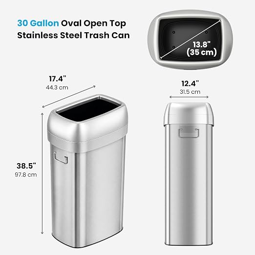 iTouchless 30G Commercial Trash Can with Wheels | Open Top Stainless Steel | Heavy-Duty 114L Oval Bin with 2 AbsorbX Odor Filters. ADA Compliant for Restaurant Restroom Hotel Office Healthcare Retail