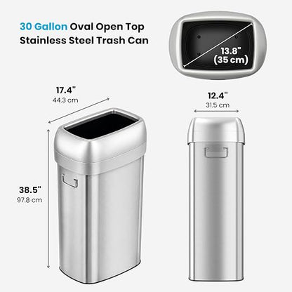 iTouchless 30G Commercial Trash Can with Wheels | Open Top Stainless Steel | Heavy-Duty 114L Oval Bin with 2 AbsorbX Odor Filters. ADA Compliant for Restaurant Restroom Hotel Office Healthcare Retail