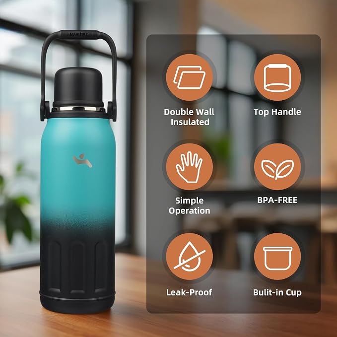 Konokyo Insulated Water Bottle with Handle and Strap,Vacuum Travel Tumbler with Cup Lid,Thermo Coffee Cup for Hot Cold Drinks 50 OZ,TealBlack