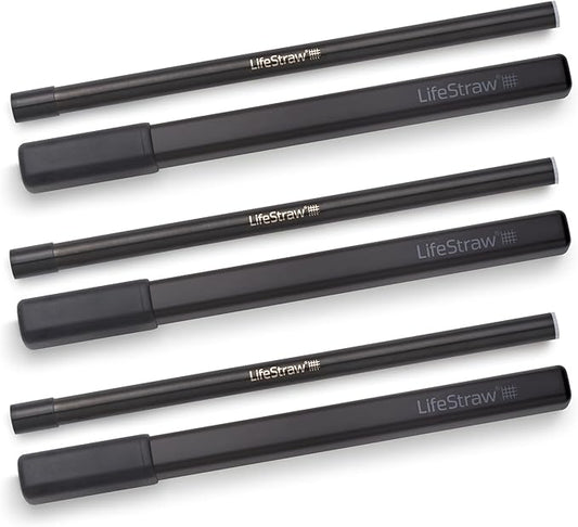 LifeStraw Sip 3-Pack, Reusable Stainless Steel Water Filter Drinking Straw with 3 Carry Cases, Removes Microplastics, Bacteria and Parasites for Travel and Everyday Use, Obsidian