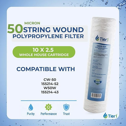 Tier1 50 Micron 10 Inch x 2.5 Inch | 6-Pack String Wound Polypropylene Whole House Sediment Water Filter Replacement Cartridge | Compatible with Pentek CW-50, 155214-52, W50W, Home Water Filter