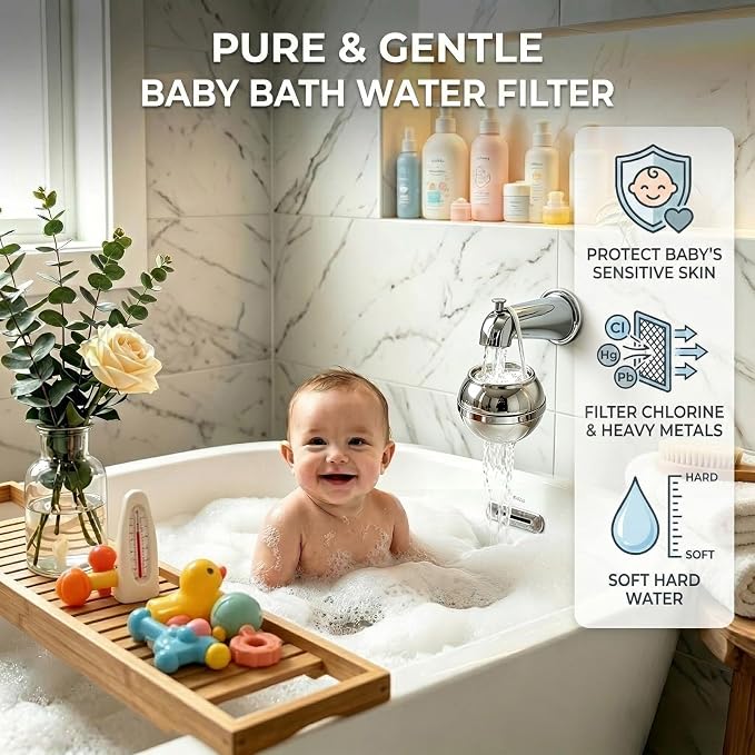 Bath Filter for Tub Faucet,Kinder Bathtub Water Filter for Kids & Babies,3000 Gallons Filtration,Hard Water Softener,Reduce Chlorine & Fluoride for Healthy Skin, Hair & Nails,Chrome | Bath Filter for Baby