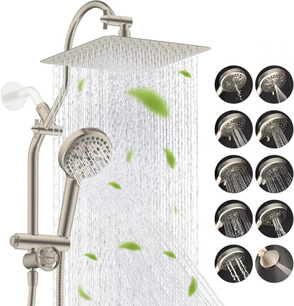 Hibbent cUPC Certified All Metal 10" Rainfall Showerhead Combo, High Pressure Shower Head with 10 Spray Handheld, Innovative 4-way Diverter with Pause Mode, 71'' Shower Hose and Holder, Brushed Nickel