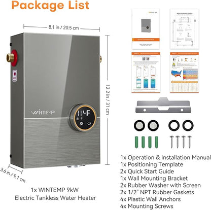 Tankless Water Heater Electric 9kW, 240 Volt On Demand Instant Hot Water Heater, Within 1℉ Stable Temp, Up to 2.2 GPM, WiFi Control, ETL Certified, Eco, WM09