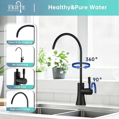EKRTE Matte Black Drinking Water Faucet for Kitchen Sink, Stainless Steel Kitchen Water Filter Faucet,Commercial Water Filtration Faucet for Under Sink Water Filter System, RO Faucet in Matte Black