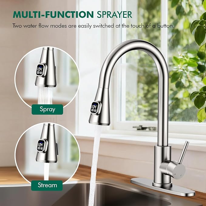 HOMELODY LED Temperature Display Kitchen Faucet with Pull Down Sprayer - Brushed Nickel Single Handle Kitchen Sink Faucet, High Arc Stainless Steel Design for RV Laundry Farmhouse Bar