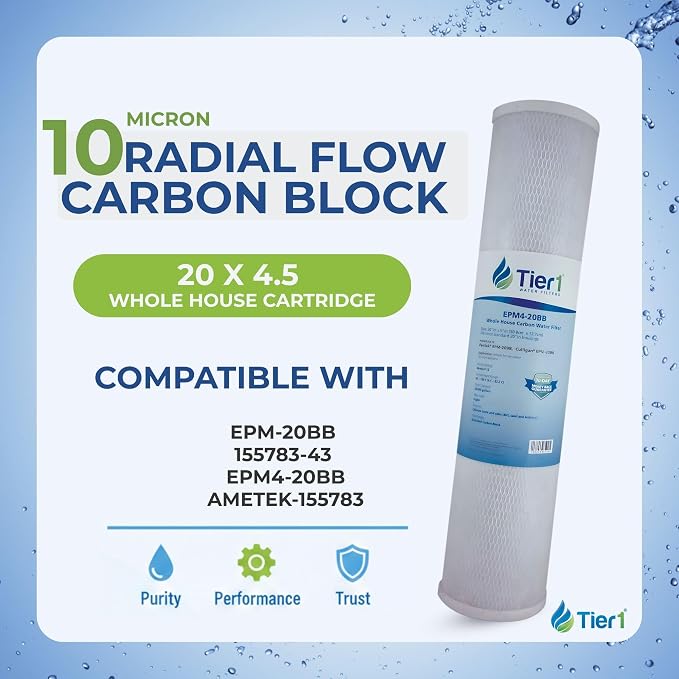 Tier1 10 Micron 20 x 4.5 Water Filter | Whole House Radial Flow Carbon Cartridge | Granular Activated Pre-Filter | Replacement for Pentek EPM-20BB, 155783-43, EPM4-20BB | 4.5 x 20 Water Filter (3pk)