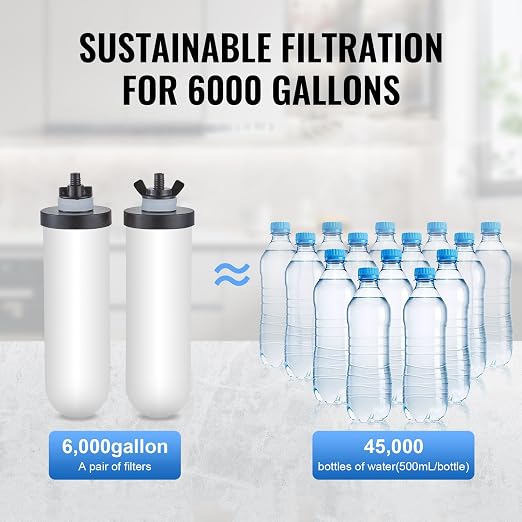 VEVOR Gravity-fed Water Filter System, 2.25G 304 Stainless-Steel Countertop Water Filtration System, Reduces Lead and up to 99% of Chlorine, with 2 Ceramic Carbon Filters, Water Level Spigot, Stand