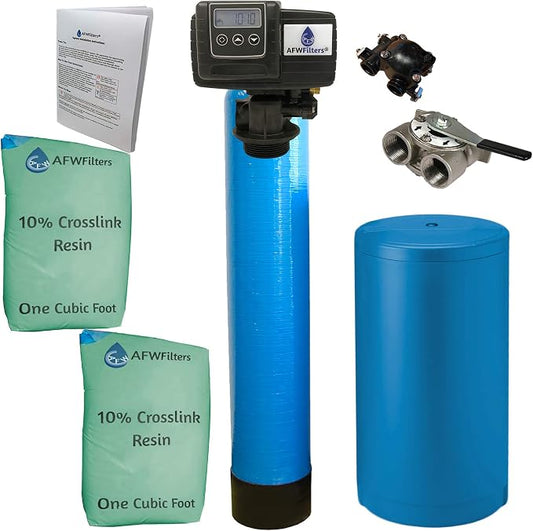 AFWFilters 2 cubic Foot (64k) Whole Home Water Softener with Durable 10% Crosslink Resin, 1" Stainless Steel FNPT Connection, and Blue Tanks