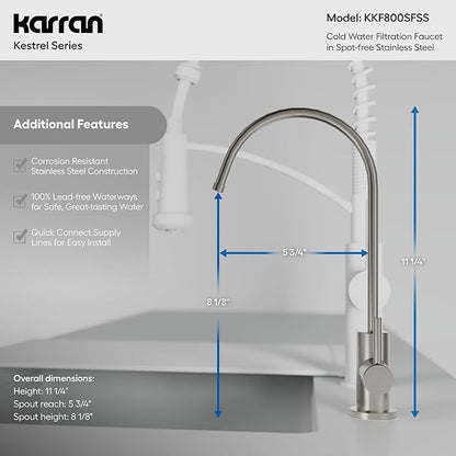 Karran Kestrel Spot-Free Stainless Steel Beverage Faucet 100% Lead-Free Brass, RO/Filtration System Ready, 360° High-Arc Spout, Fingerprint Resistant Finish, Compact Design