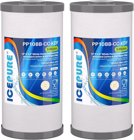 ICEPURE 5 Micron 10" x 4.5" Whole House Sediment Activated Carbon and KDF Water Filter Compatible with GE FXHTC, GXWH40L, RFC-BBSA W50PEHD Whirlpool WHKF-GD25BB GXWH35F GNWH38S Dupont WFHD13001, 2PACK