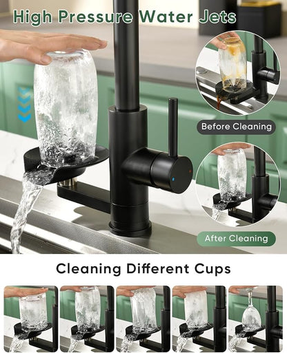 Kitchen Faucet with Cup Washer Pull Down Sprayer Stainless Steel Kitchen Sink Faucet with Deck Plate Glass Rinser Single Hole Black