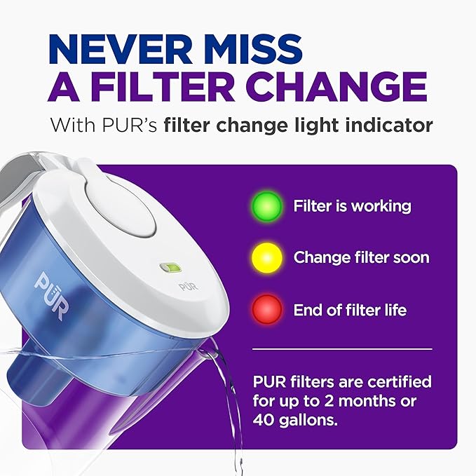 PUR 11-Cup Water Pitcher, 1 Filter, Cleaner, Great-Tasting Water, Dishwasher Safe, Powerful Filtration, Filter Change Light Indicator, LockFit Cap Design, White