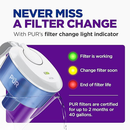 PUR 11-Cup Water Pitcher, 1 Filter, Cleaner, Great-Tasting Water, Dishwasher Safe, Powerful Filtration, Filter Change Light Indicator, LockFit Cap Design, White