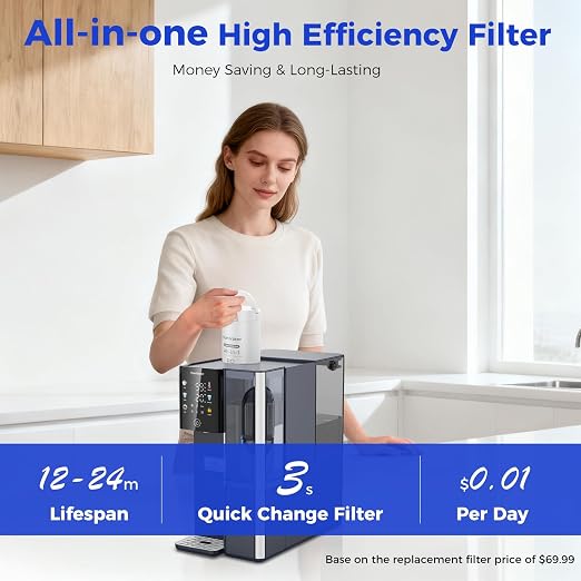 Reverse Osmosis Water Filter Countertop Hot and Cold RO System-3s Instant Hot, 6 Temp Settings, 7-Stage RO Water Filtration, NSF/ANSI372/42/58, Auto-Fill Pitcher, 3:1 Pure to Drain, C5-Blue