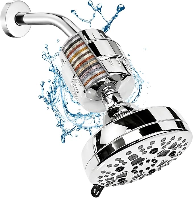 High-pressure showerhead set with 25-level filter, suitable for hard and soft water - 7 spray modes, 5-inch showerhead cover, can remove 99.99% of chlorine and heavy metals (chrome-plated)