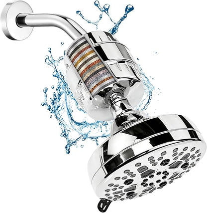 High-pressure showerhead set with 25-level filter, suitable for hard and soft water - 7 spray modes, 5-inch showerhead cover, can remove 99.99% of chlorine and heavy metals (chrome-plated)