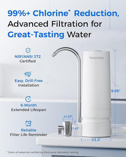 Waterdrop Water Filter for Sink Faucet, 8000 Gallons Countertop Water Filter System and Filter Life Reminder, Reduces Heavy Metals, Bad Odor, and 99% Chlorine, WD-CTF-05 (2 Filters)