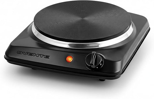 OVENTE Electric Cast Iron Single Burner, 1000W Hot Plate, Black BGS101B | 7.25" Portable Countertop Cooktop, Metal Housing, 5 Level Temperature Control, Compact Cooking Stove, Easy to Clean