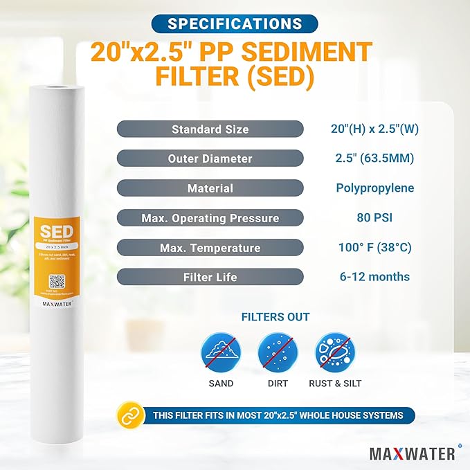 Max Water Slim Blue 5 Micron 20 inch x 2.5 inch Whole House Melt-Blown Polypropylene Sediment Water Filter Replacement Cartridge (Pack of 2)