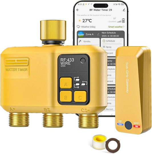WiFi Water Timer 3 Zone for Garden Hose, Smart Sprinkler Timer with 984ft RF Range, Brass Inlet and Outlet, APP/Voice Control, Rain Delay, Automatic/Manual Irrigation