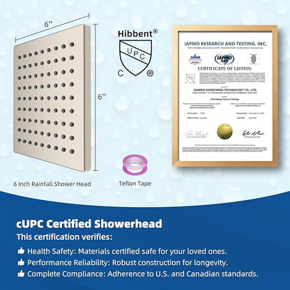 Hibbent cUPC Certified Metal Shower Head, 6'' High Pressure Rainfall Shower Head, Square Bathroom Waterfall Shower Heads, High Flow Fixed Showerheads with Adjustable Brass Ball Joint, Brushed Nickel