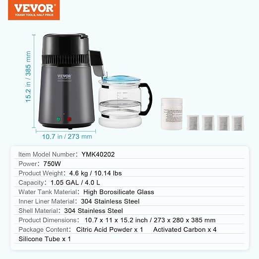 VEVOR Water Distiller, 4L /1.05 Gallon Pure Water Still for Home Countertop, 750W Distilled Water Maker, 304 Stainless Steel Body Distilling Machine with Glass Carafe to Make Clean Water, Gray
