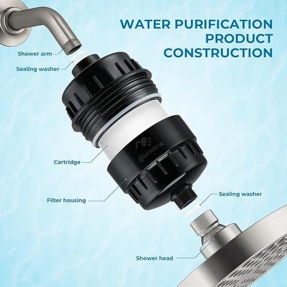 20-Stage Shower Filter, High Output Shower Head Filter for Hard Water with 2 Cartridges, Water Softener Reduces Dry Skin, Dandruff, Eczema and Improves Skin, Hair and Nails, Black