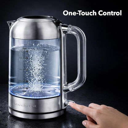 OVENTE Electric Kettle, 1.8L Glass Kettle Stainless Steel Base Water Boiler Electric with Acrylic Handle, 1500W Fast Boil Electric Kettle, Easy Fill Lid, Auto Shut-Off, Silver KG921S