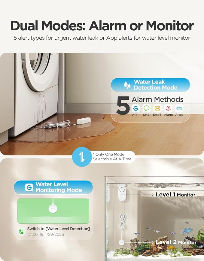 GoveeLife Upgraded Smart Water Leak Detector 1s with 4.92 ft Cable, 1 Pack | WiFi Water Sensor with SMS/Email/APP Push and Sound Alarm, 5Yr Battery Life, IP66, Suit for Home, Basement, Kitchen, Cabin/RV