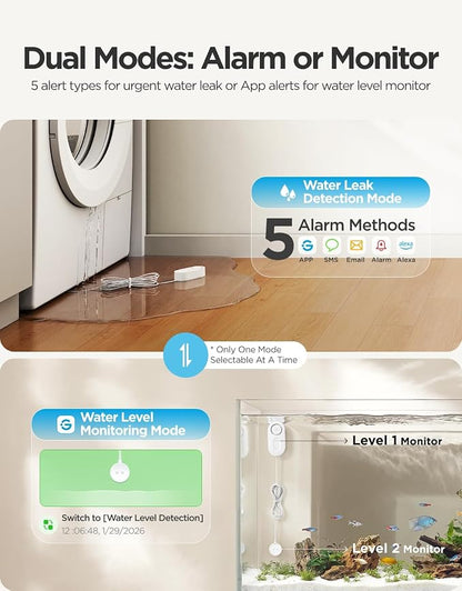 GoveeLife Upgraded Smart Water Leak Detector 1s with 4.92 ft Cable, 1 Pack | WiFi Water Sensor with SMS/Email/APP Push and Sound Alarm, 5Yr Battery Life, IP66, Suit for Home, Basement, Kitchen, Cabin/RV