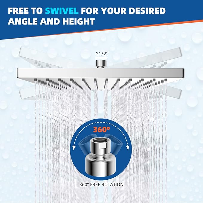 Hibbent cUCPC Certified Metal Showerhead, 10'' High Pressure Rainfall Shower Head, Square Large Bathroom Waterfall Shower Heads, High Flow Fixed Showerheads with Adjustable Brass Ball Joint, Chrome