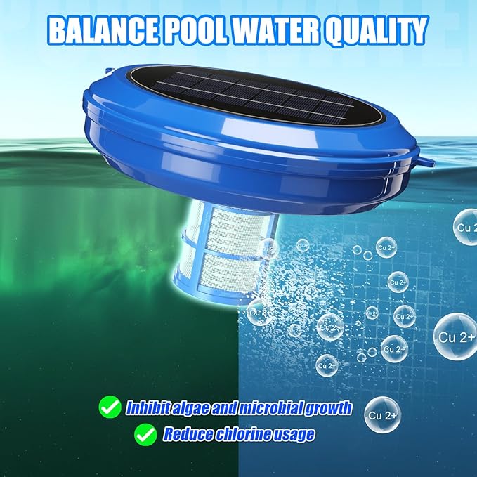 Solar Pool Ionizer & Cleaner: Automatic Floating Water Purifier with Upgraded Copper Ionizer & 4 Scum Absorber Balls, Treats Up to 45, 000 Gallons for Above/In-Ground Pools & Spas